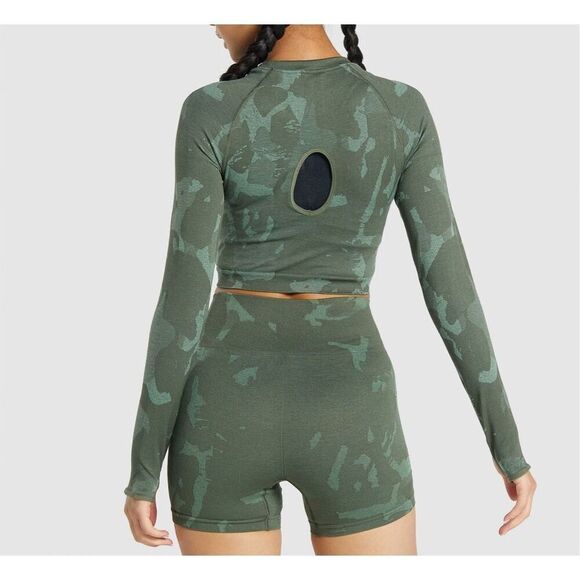 Gymshark ADAPT CAMO SEAMLESS LONG SLEEVE CROP TOP size XL Green - Picture 2 of 9